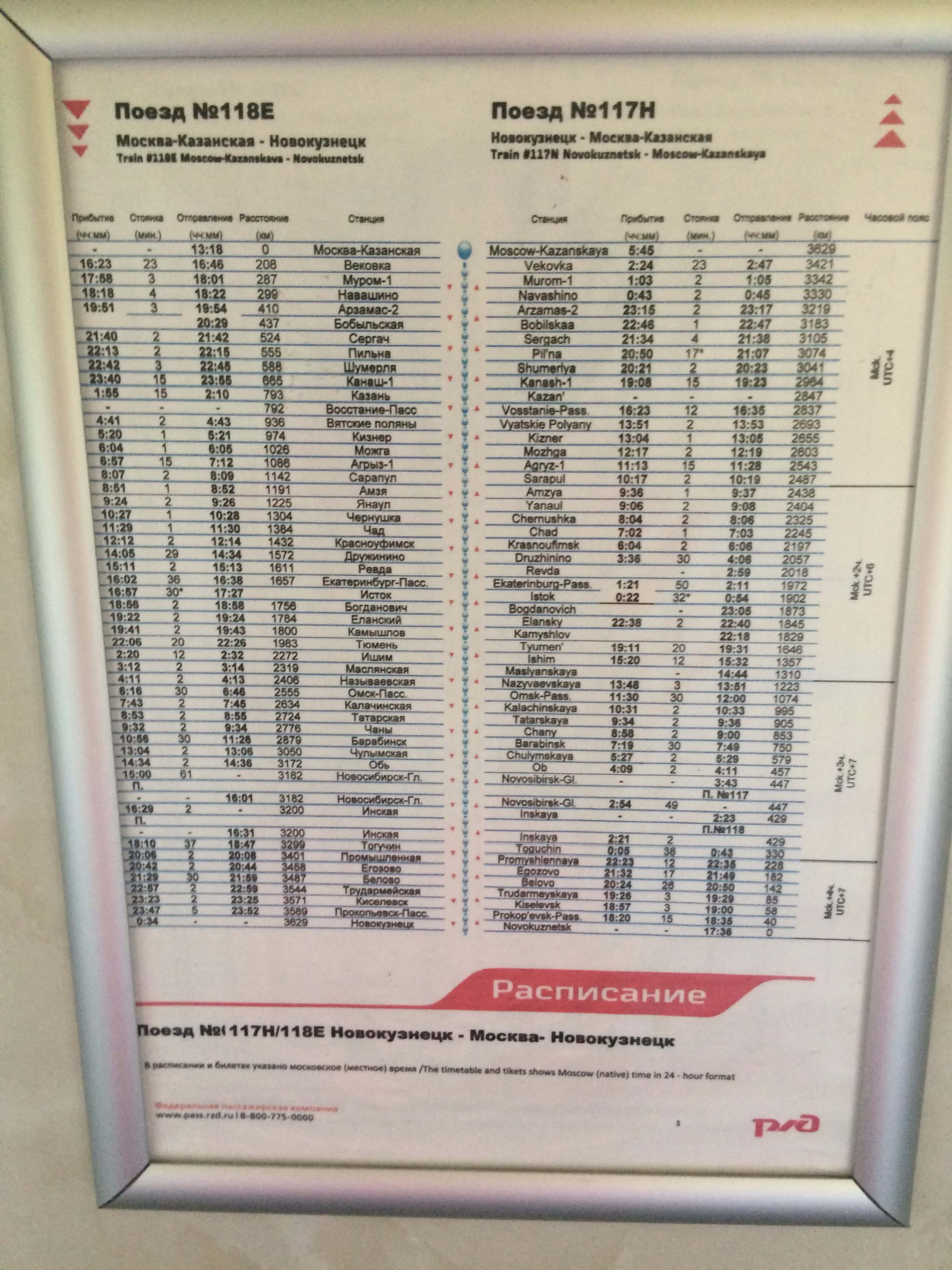 Example of the train schedule